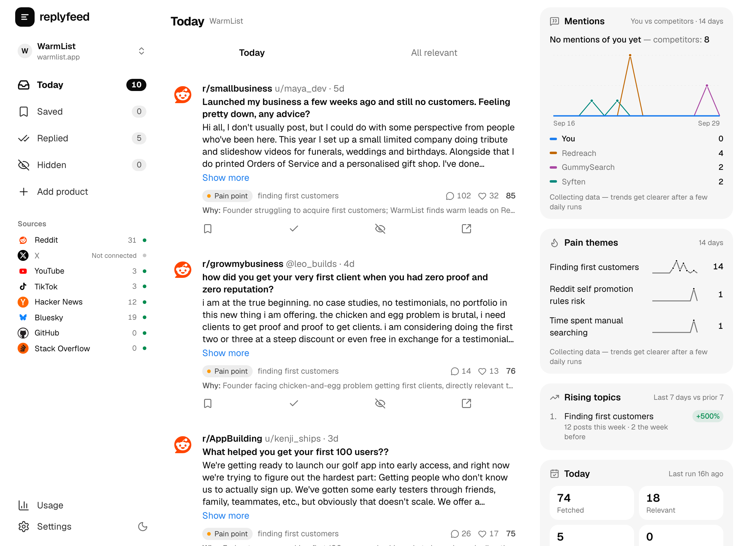 ReplyFeed feed: posts from people who need your product