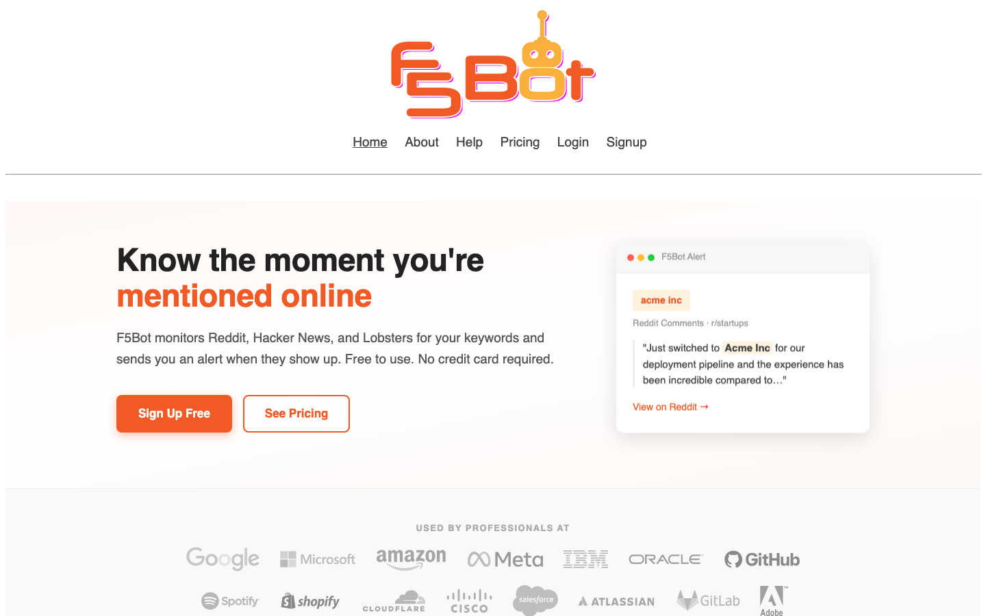 F5Bot homepage with the headline 'Know the moment you're mentioned online', 'Sign Up Free' and 'See Pricing' buttons, and a sample alert card for the keyword 'acme inc' from r/startups.