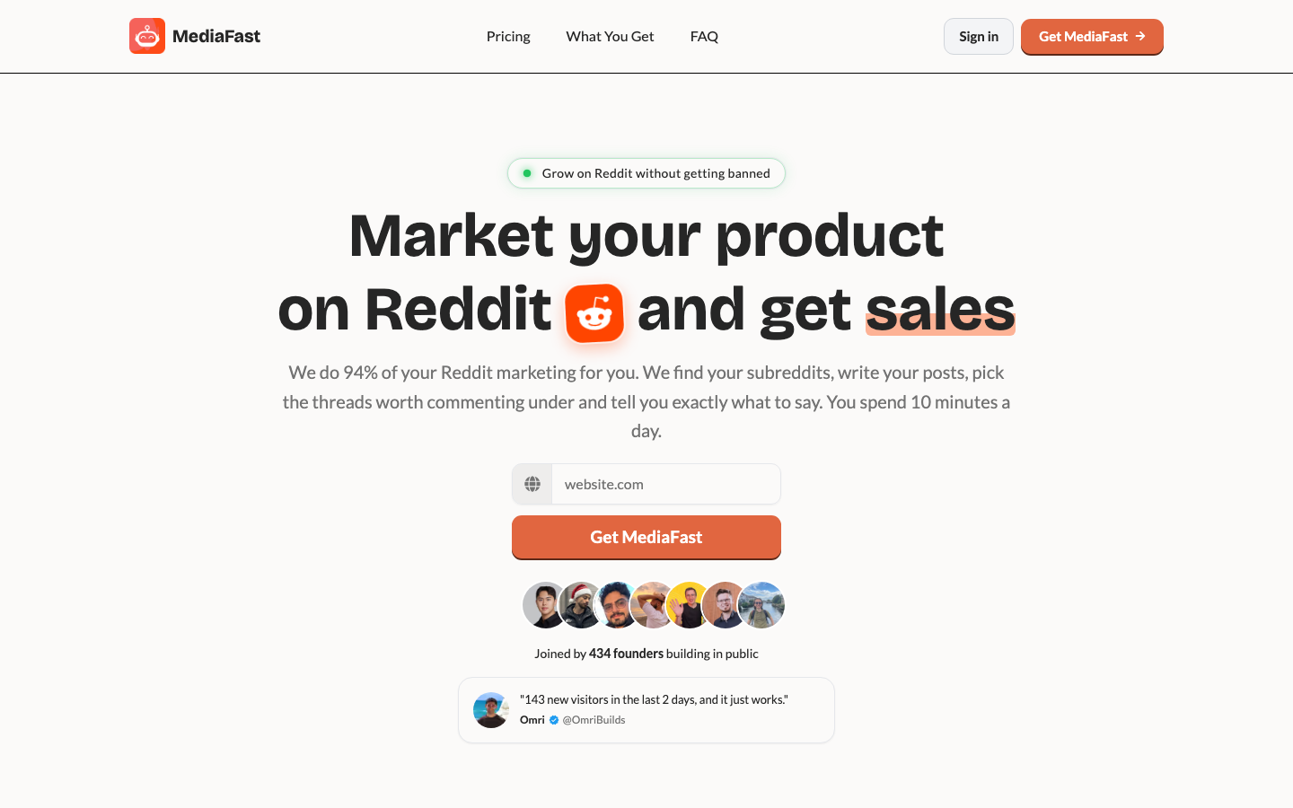 MediaFast homepage with the headline 'Market your product on Reddit and get sales', a website URL field with a 'Get MediaFast' button, and a founder testimonial.