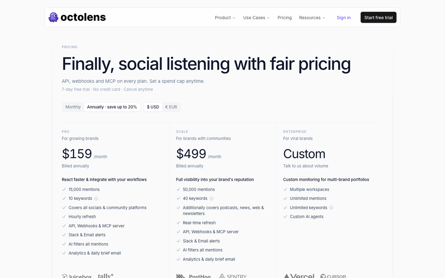 Octolens pricing page headed 'Finally, social listening with fair pricing', with Pro at $159 a month and Scale at $499 a month billed annually, plus a custom Enterprise plan.