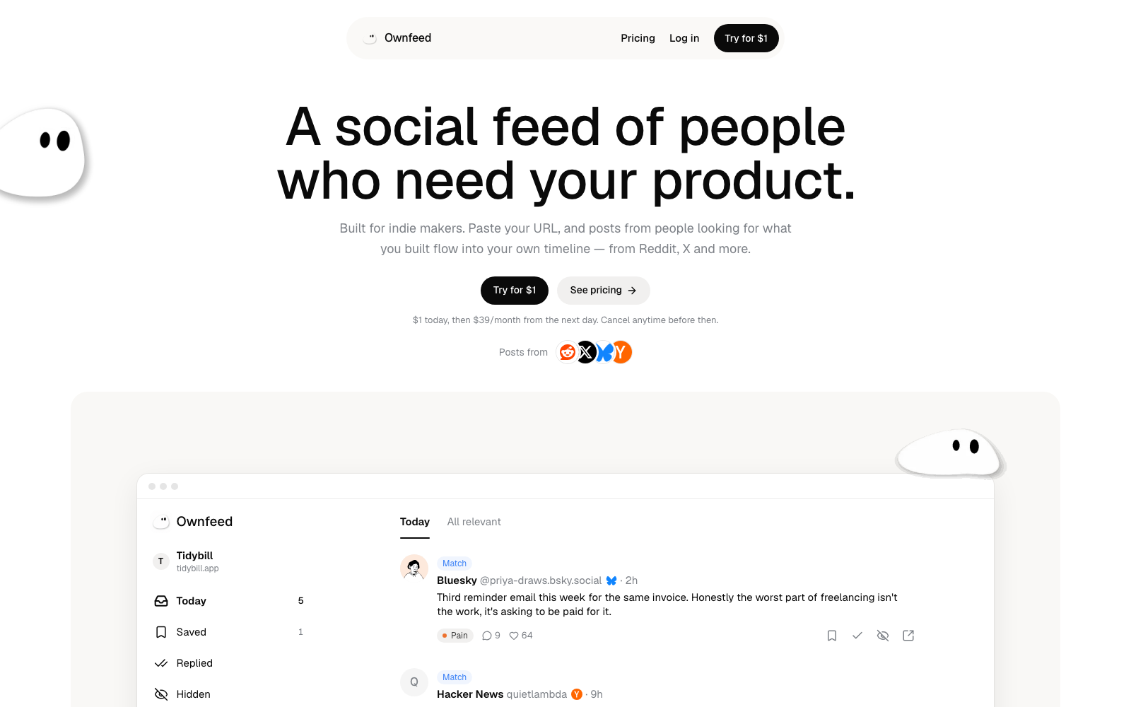 Screenshot of the Ownfeed landing page, headline 'A social feed of people who need your product', with a $1 trial button and a sample feed below showing a Bluesky post about chasing unpaid invoices.