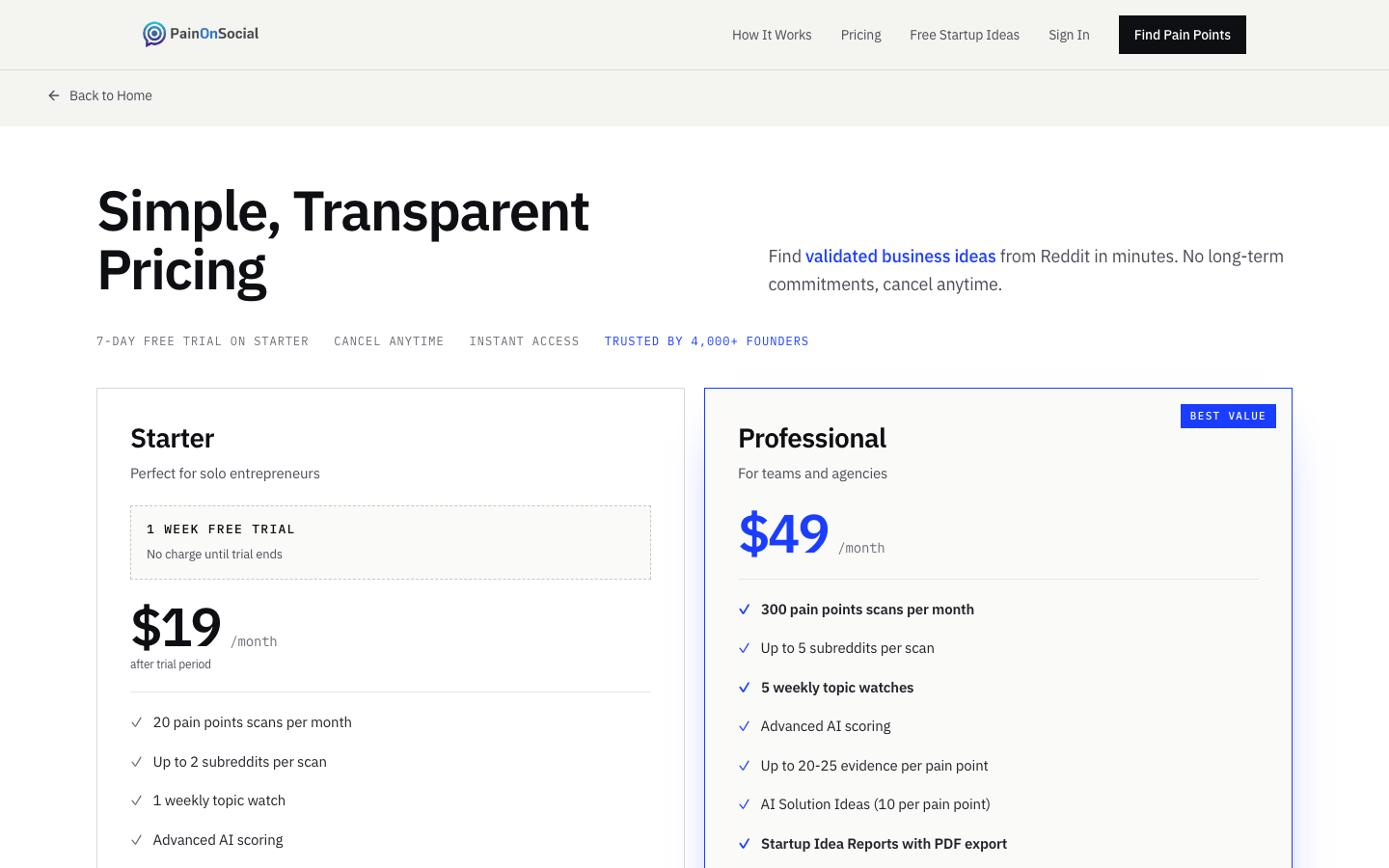 PainOnSocial pricing page headed 'Simple, Transparent Pricing', showing a Starter plan at $19 a month with a 1-week free trial and a Professional plan at $49 a month.