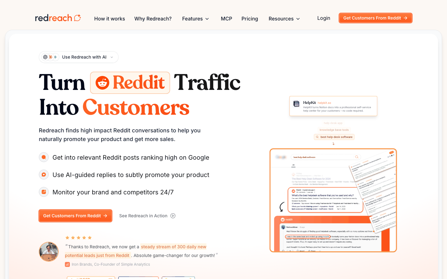 Redreach homepage with the headline 'Turn Reddit Traffic Into Customers', three feature bullets, a 'Get Customers From Reddit' button and an illustration of a Google search leading to a Reddit thread.